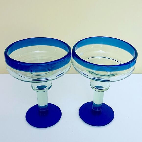 Vintage 2 Hand Blown Clear Cobalt Blue Margarita Glasses Bar Accessories - Picture 2 of 6
